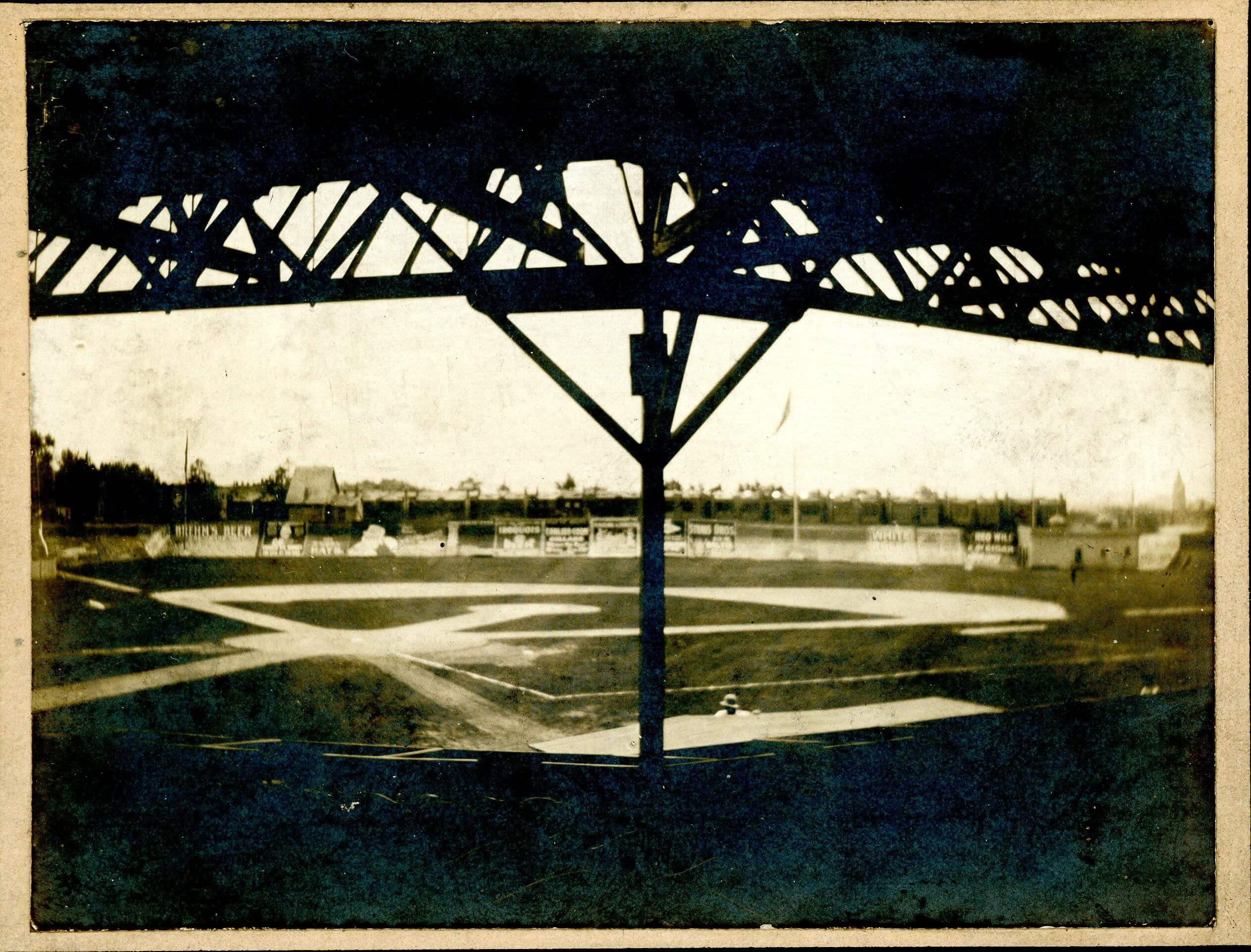 Black and white photo of a baseball field