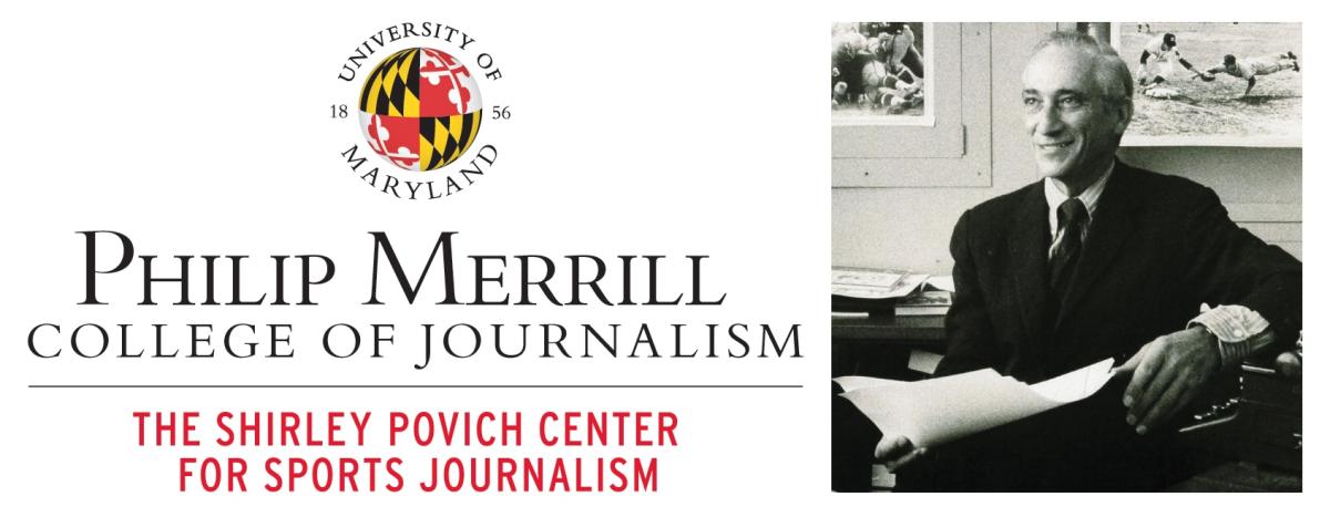 The Philip Merrill College of Journalism logo with The Shirley Povich Center for Sports Journalism