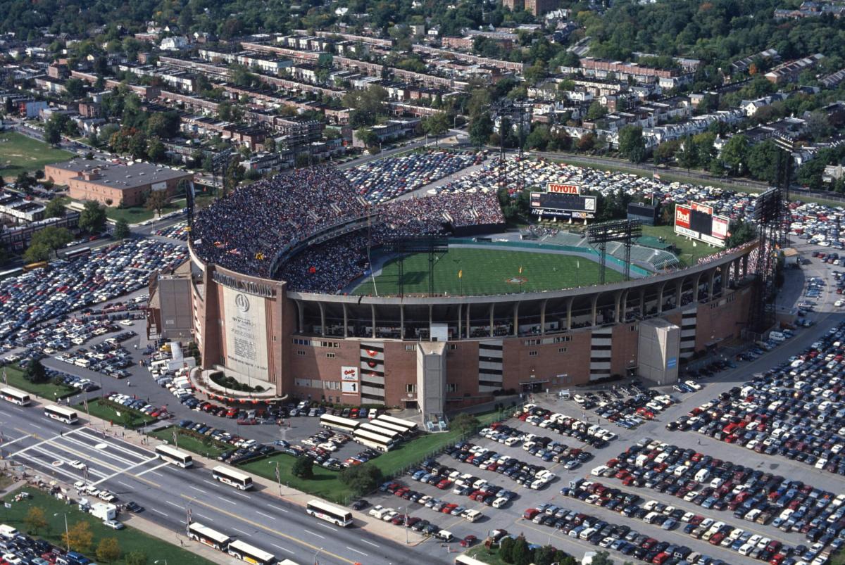 Aerial view of Memorial Stadium surrounded by parking lots