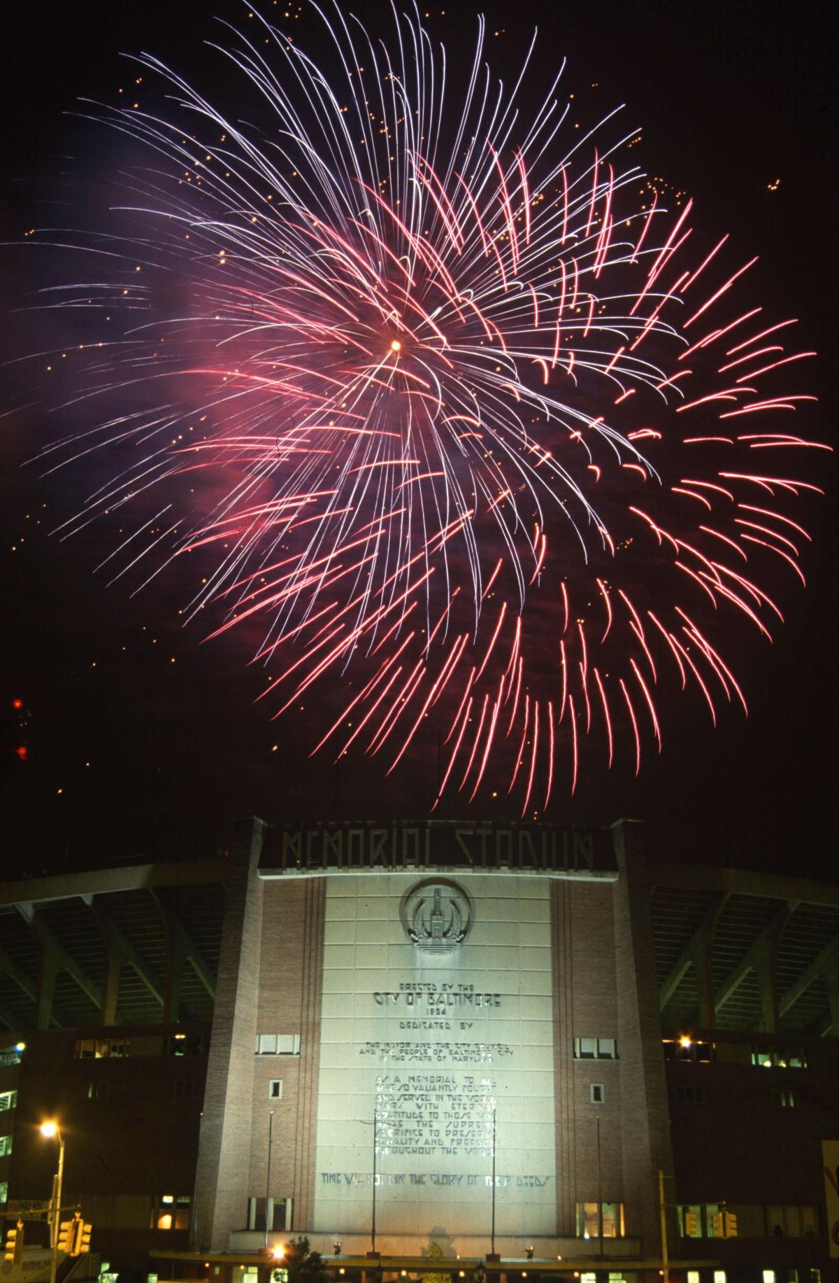 Fireworks burst above the Memorial Stadium