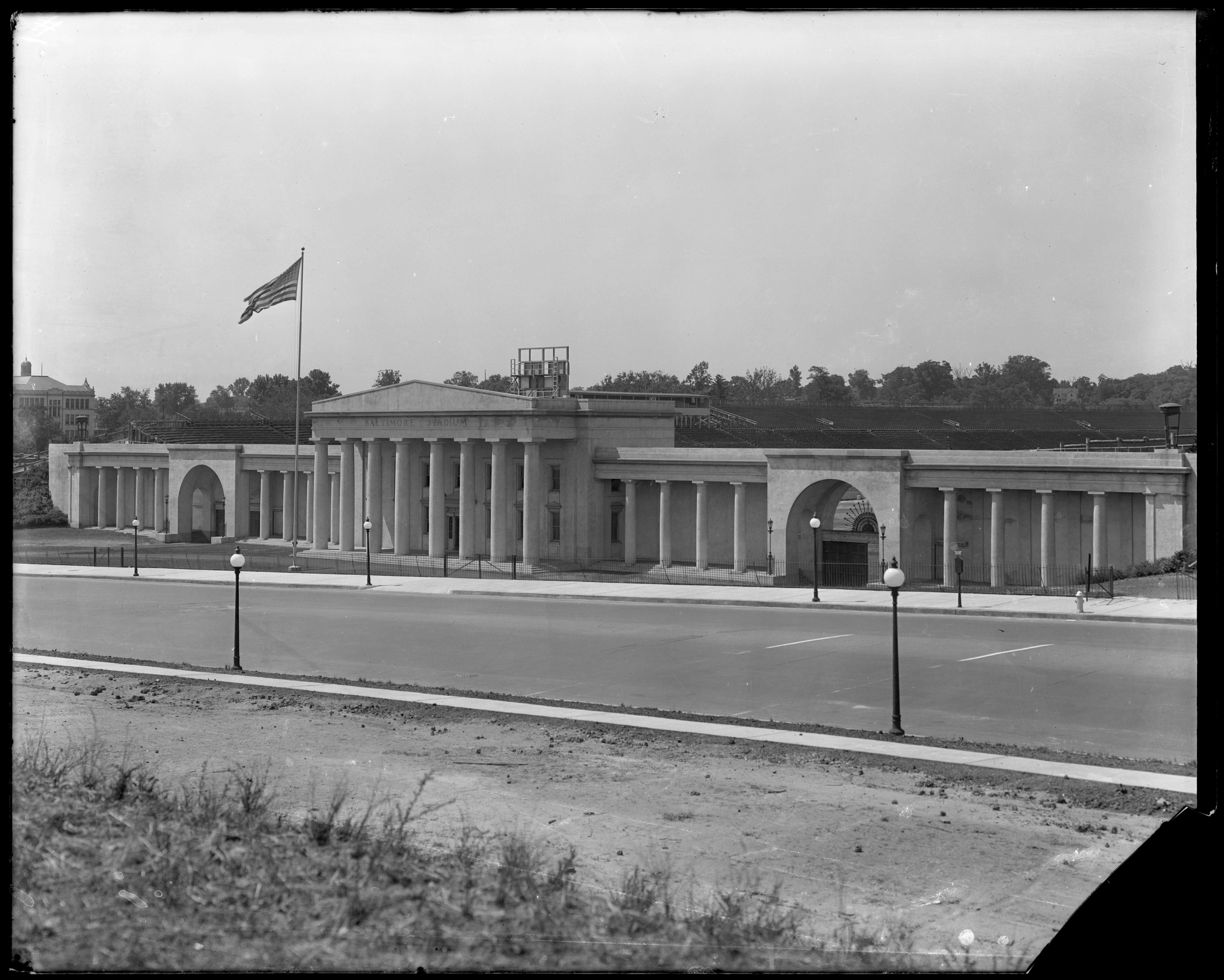 Black and white photo of the Municipal Stadium facade