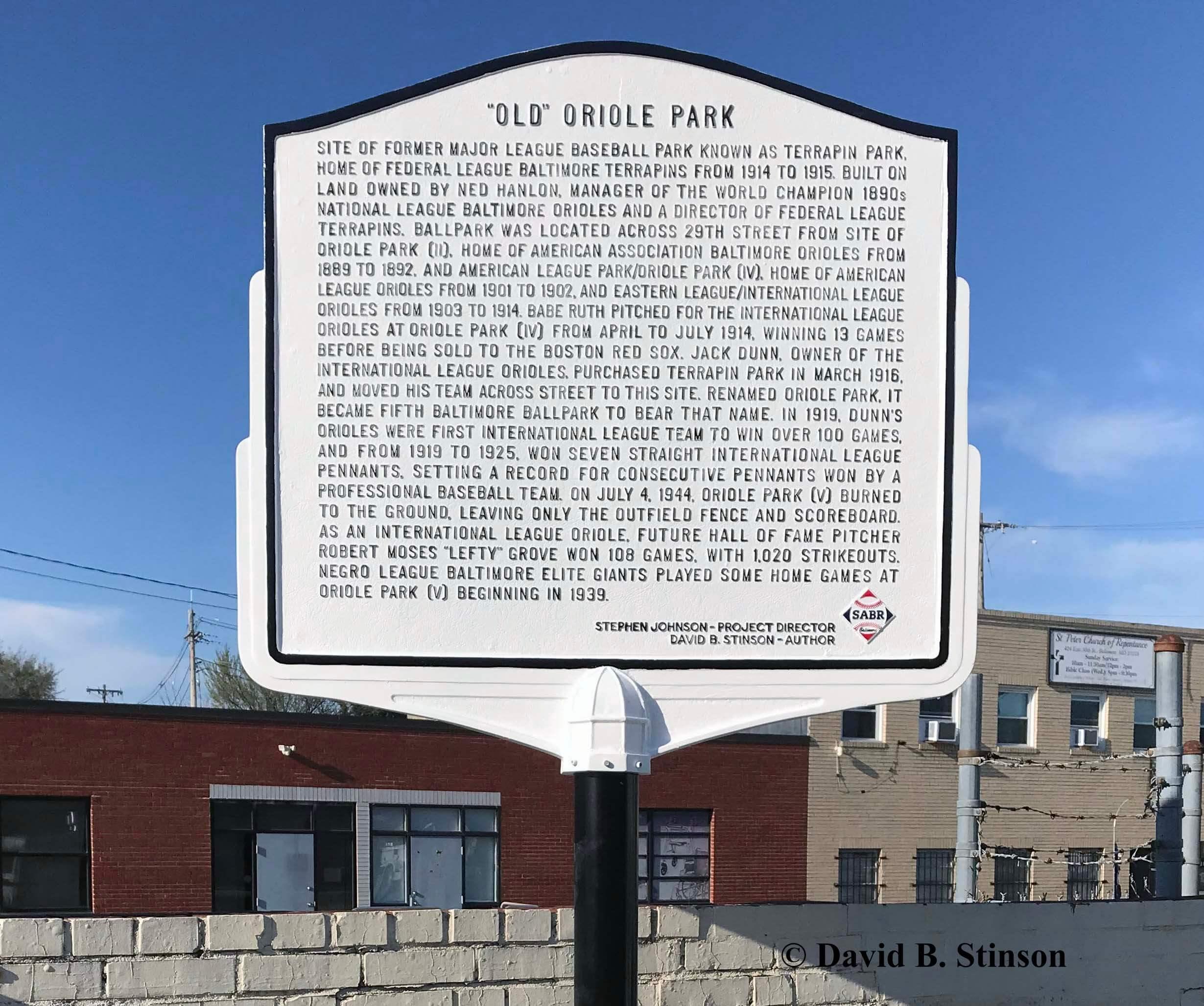 Historical marker sign identifying the site of “Old” Oriole Park in Baltimore.