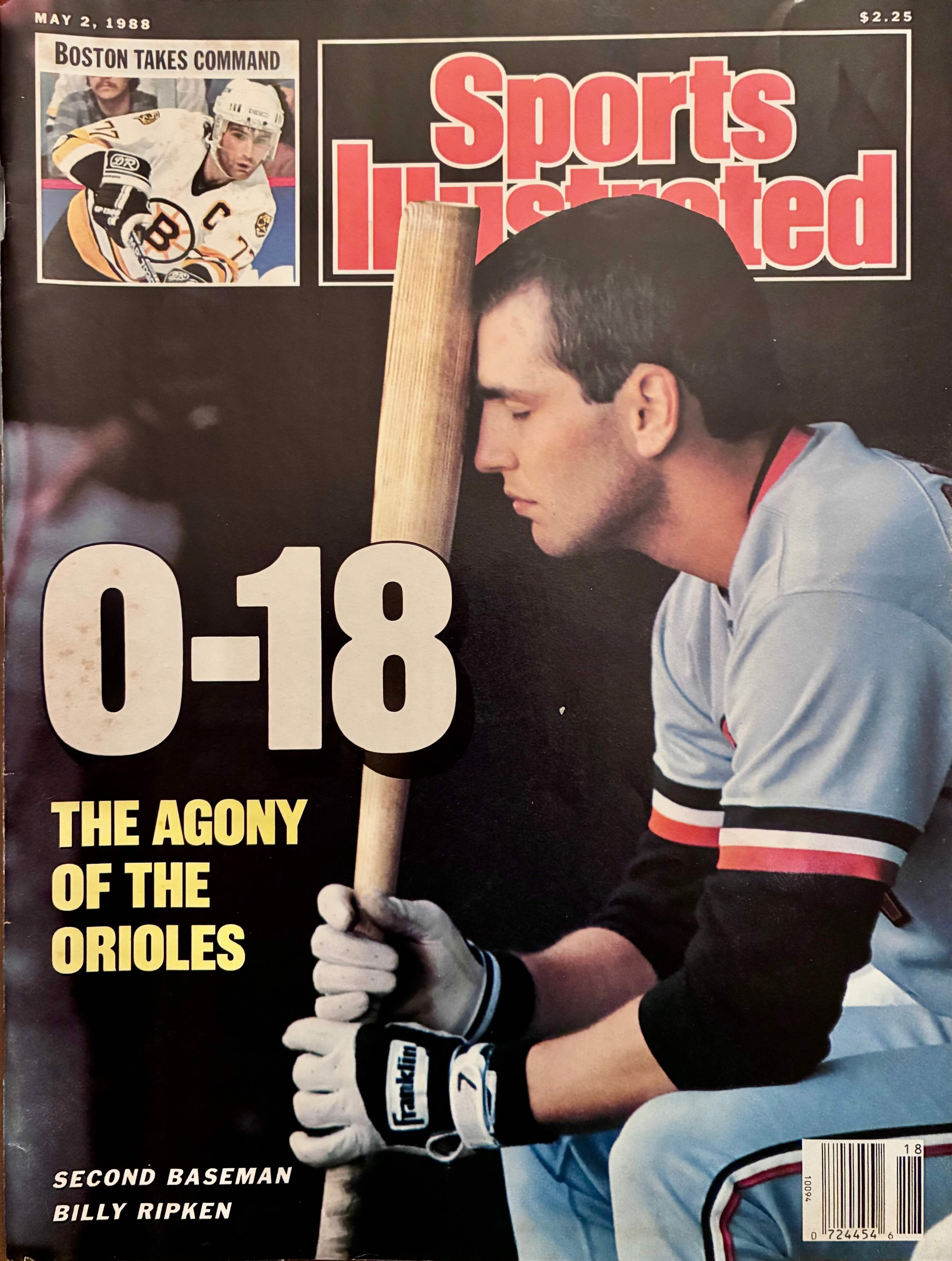 Sports Illustrated magazine cover with a disappointed baseball player and the headline, "0-18 The Agony of the Orioles"