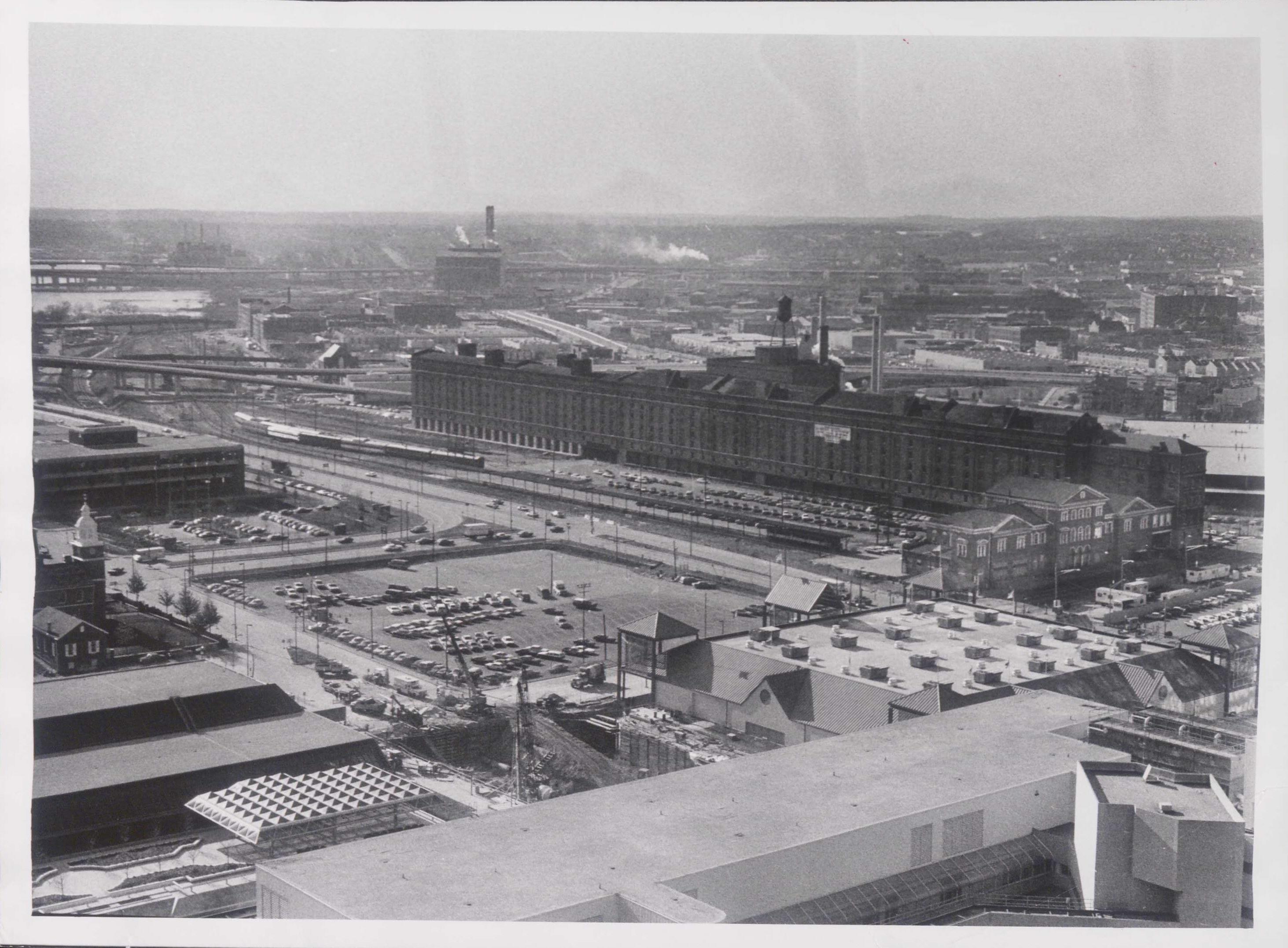 Black and white historic aerial photo of the Camden Station rail yard and warehouse