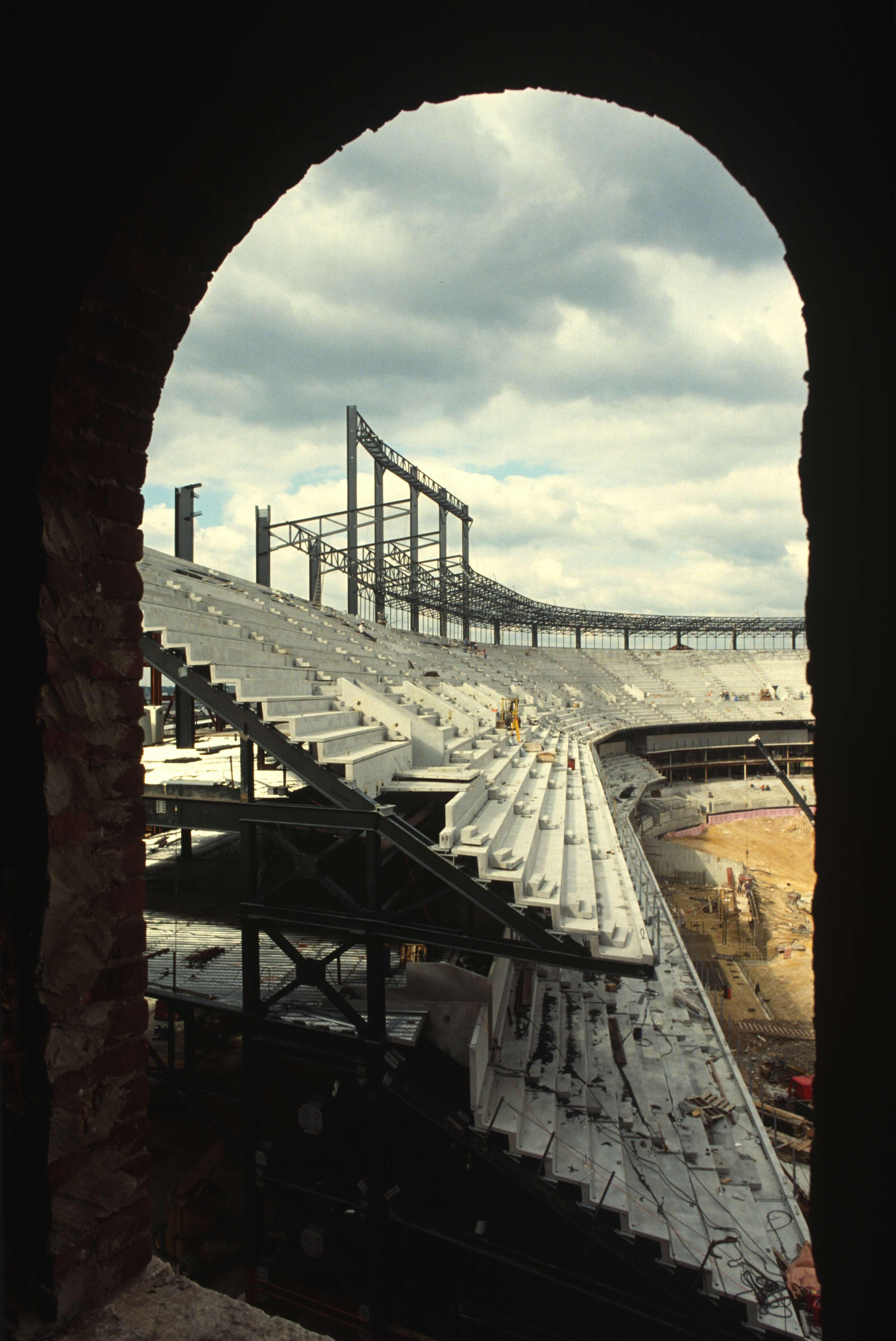 Warehouse window to rows of seats being constructed