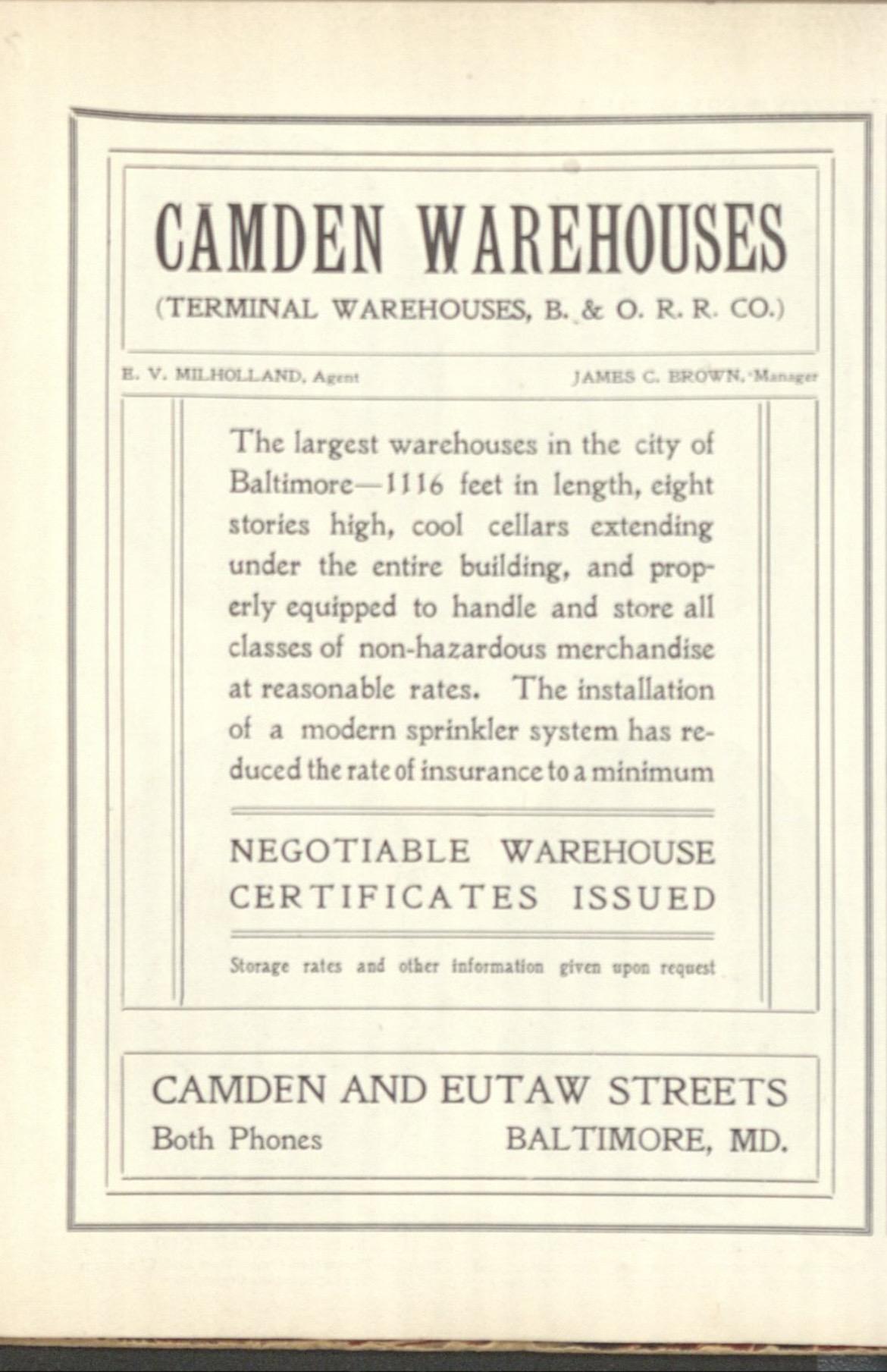 Historic flyer with text describing the Camden Warehouses
