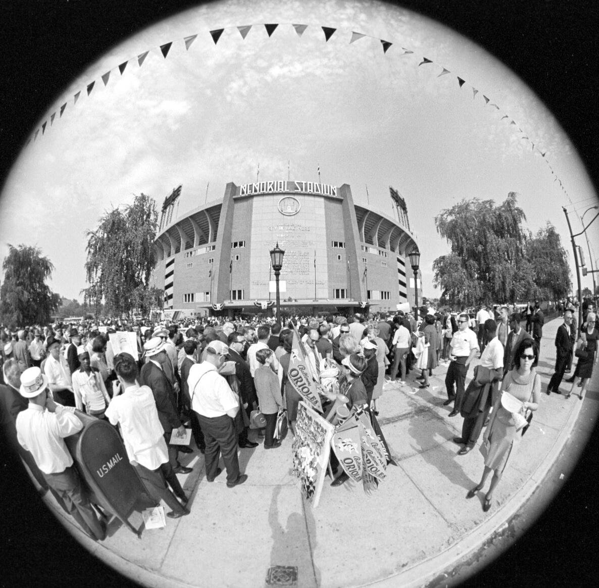 Black and white fish eye photo of front of Memorial Stadium