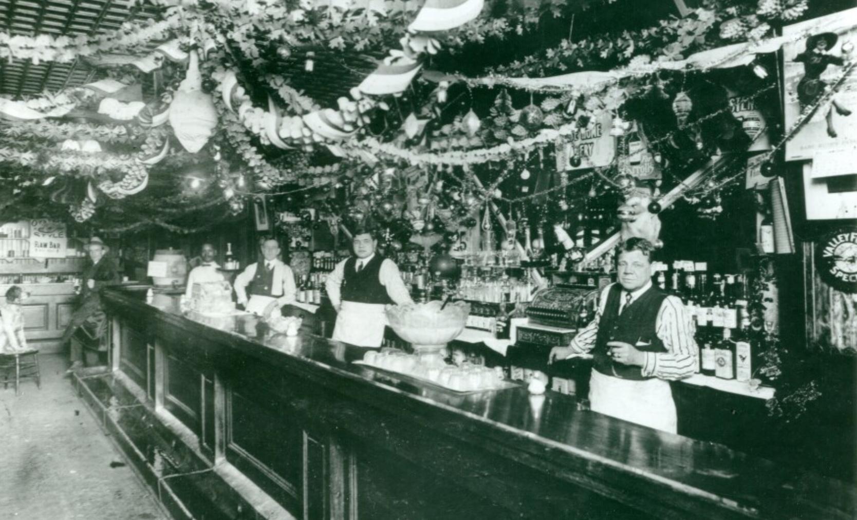 Black and white photo inside a tavern