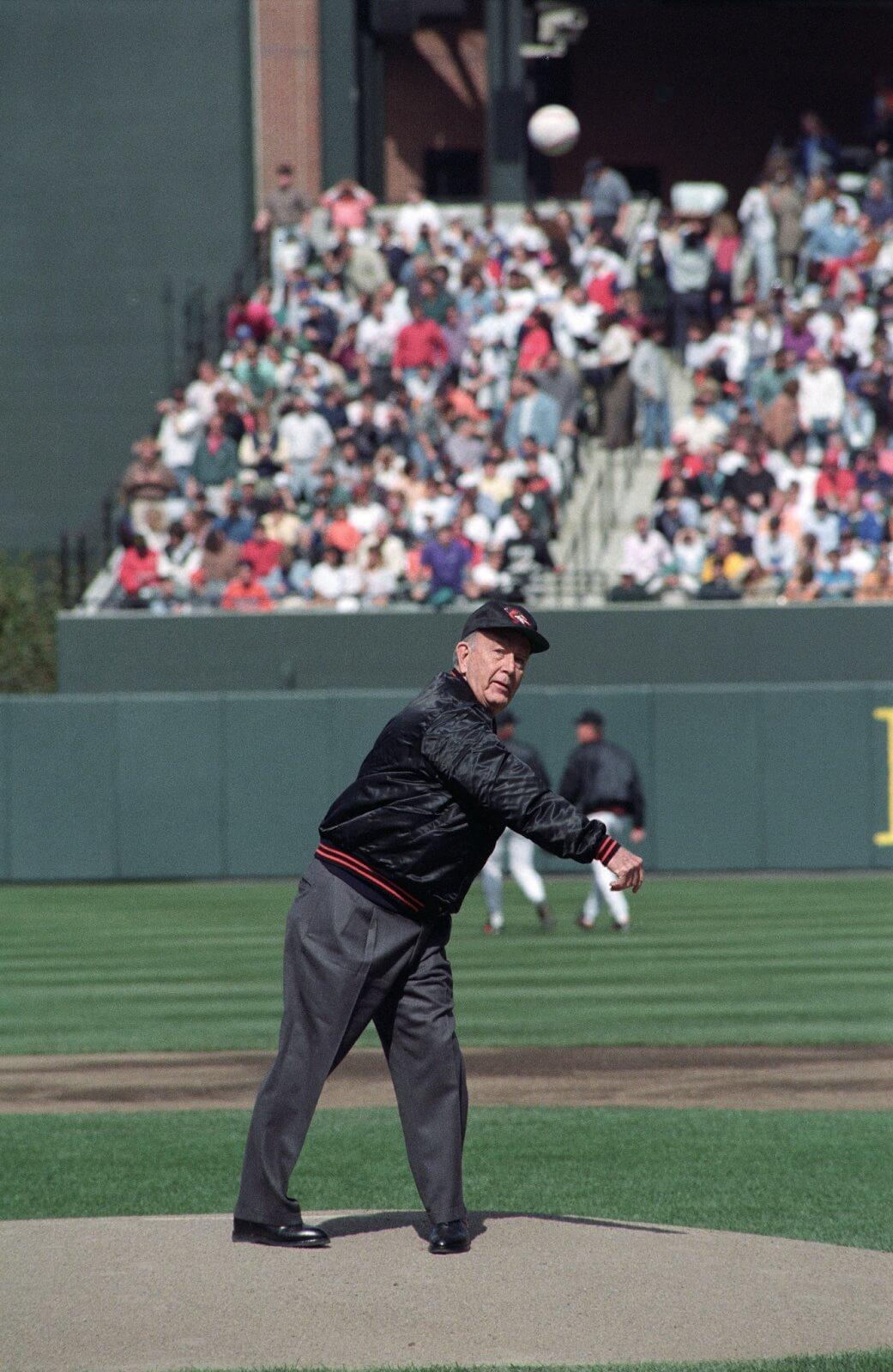 William Schaefer throws the ceremonial first pitch