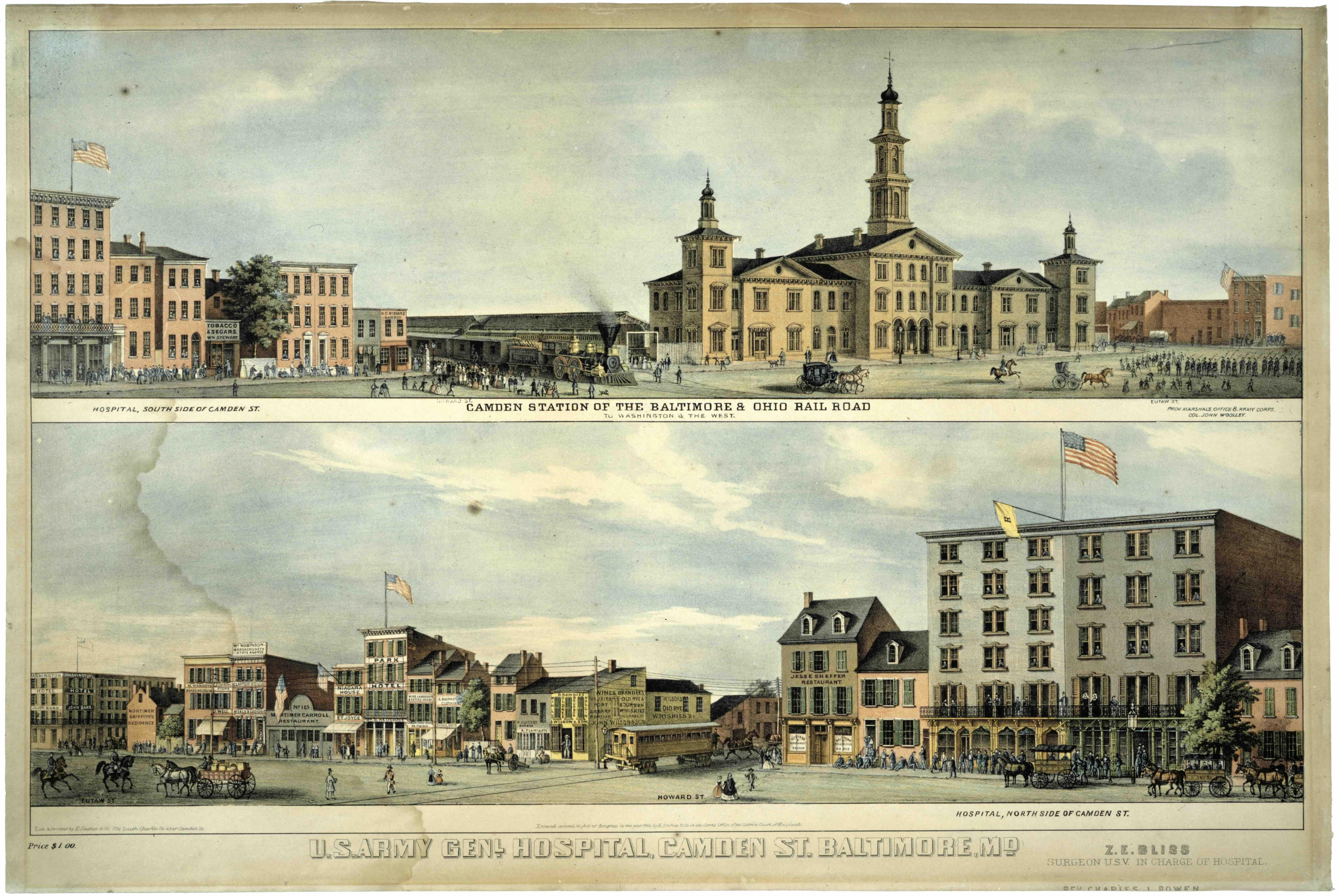 Historic illustration with station and surrounding streets with trains, carriages, and pedestrians.